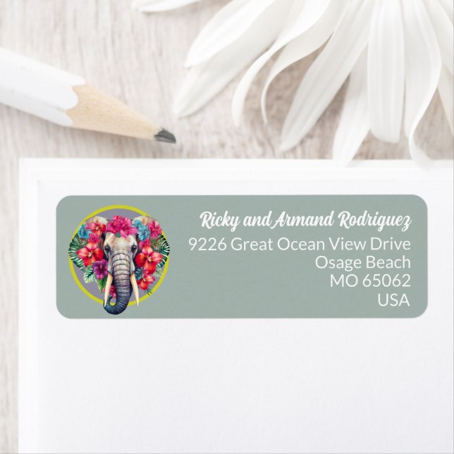 Elephant tropical flowers lovers blue custom label (Insitu)