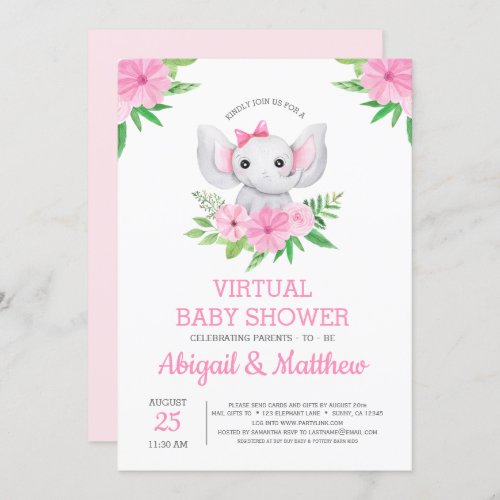 Elephant Tropical Pink Virtual Baby Shower Invitation