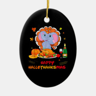 Elephant Turkey Thankgiving Funny Wine Happy Hallo Ceramic Ornament