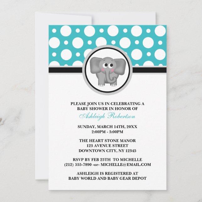 Elephant Turquoise Polka Dot Baby Shower Invitation (Front)
