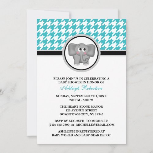 Elephant Turquoise &amp; White Houndstooth Baby Shower Custom Invites
