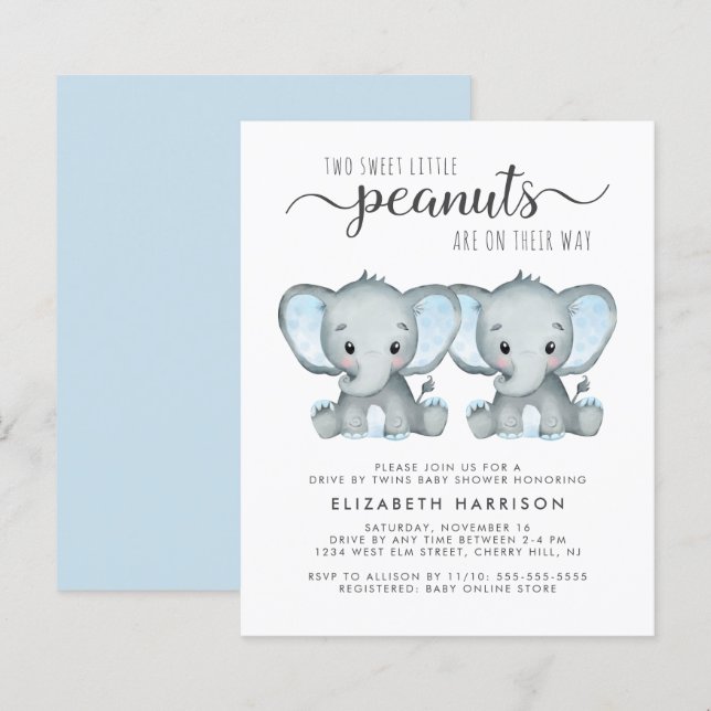 Elephant Twin Baby Boys Drive By Shower Invite (Front/Back)