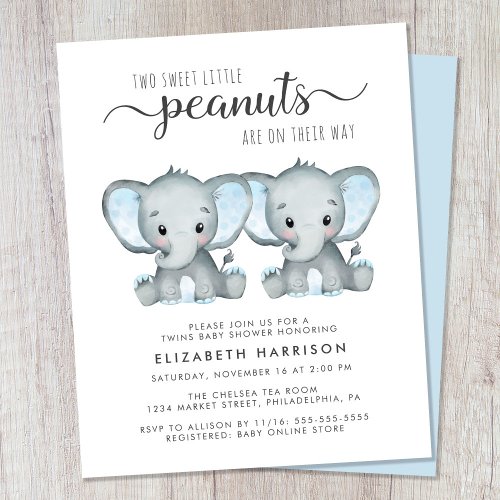 Elephant Twin Baby Boys Shower Budget Invitation