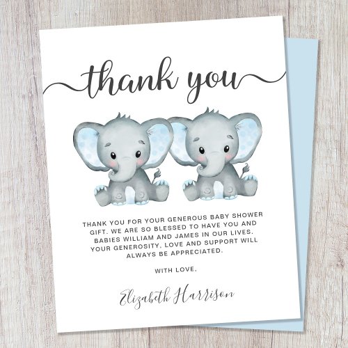 Elephant Twin Baby Boys Shower Thank You Card