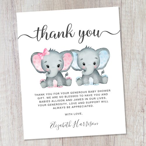 Elephant Twin Baby Girl Boy Shower Thank You Card