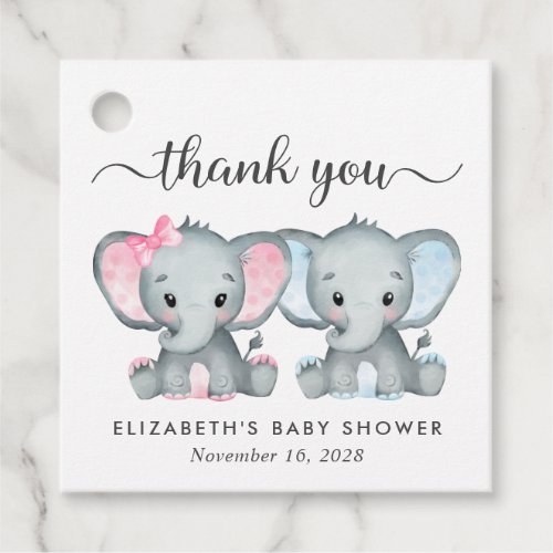 Elephant Twin Baby Girl Boy Shower Thank You Favor Tags