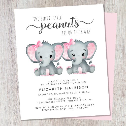 Elephant Twin Baby Girls Shower Budget Invitation