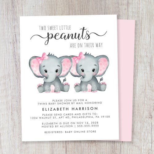 Elephant Twin Baby Girls Shower By Mail Invitation