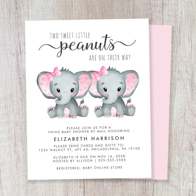 Elephant Twin Baby Girls Shower By Mail Invitation (Creator Uploaded)