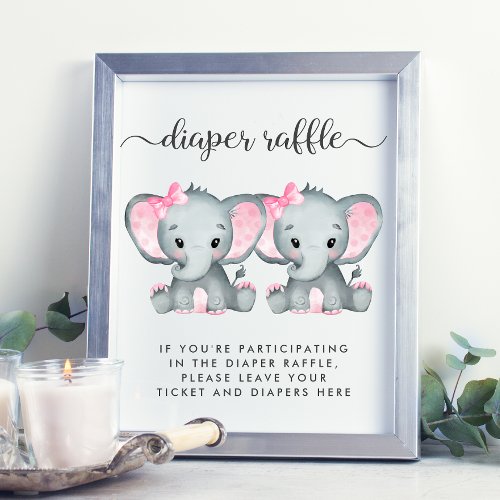 Elephant Twin Baby Girls Shower Diaper Raffle  Poster