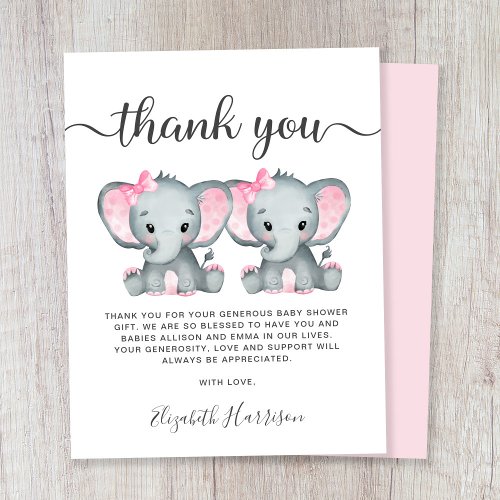 Elephant Twin Baby Girls Shower Thank You Card