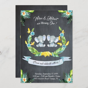 Elephant twin boy-boy Invitation,Floral,Baby 1st Invitation