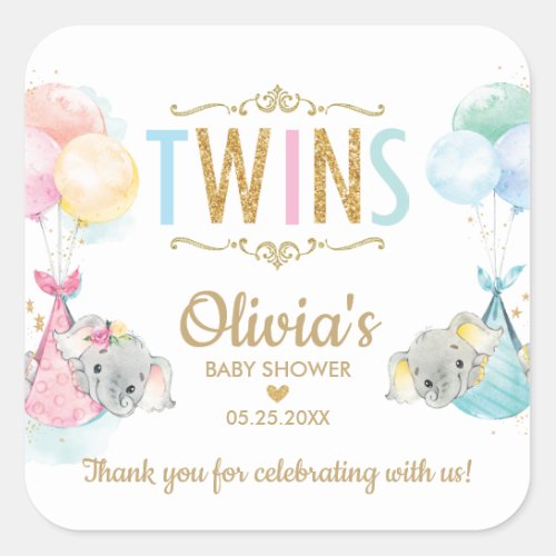 Elephant Twin Boy Girl Baby Shower Thank You Favor Square Sticker
