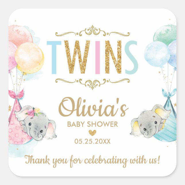 Elephant Twin Boy Girl Baby Shower Thank You Favor Square Sticker (Front)