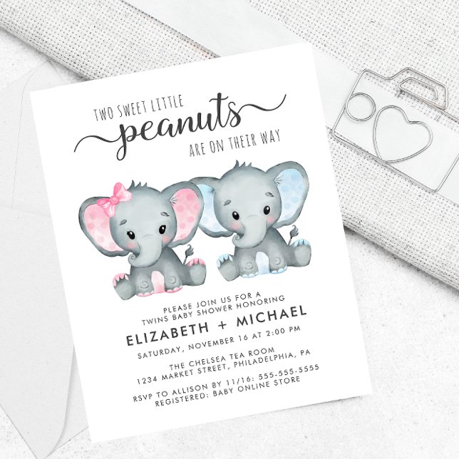 Elephant Twin Boy Girl Couples Baby Shower Invite (Creator Uploaded)