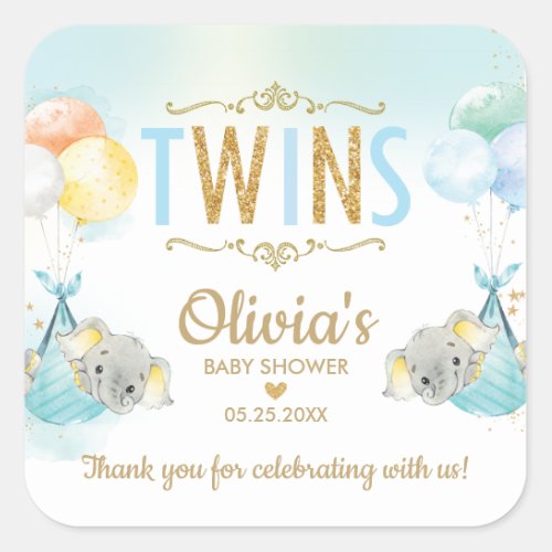 Elephant Twin Boys Baby Shower Thank You Favor Square Sticker