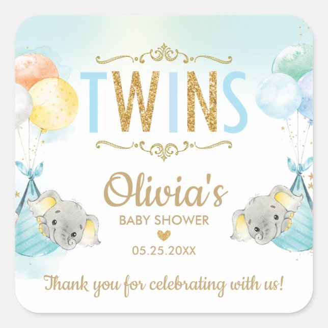 Elephant Twin Boys Baby Shower Thank You Favor Square Sticker (Front)