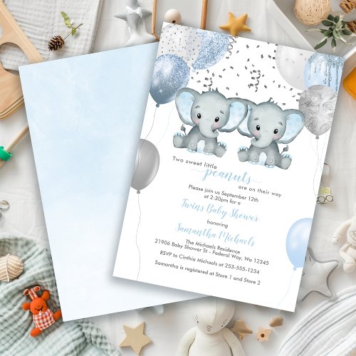 Elephant Twin Boys Balloon Baby Shower Invitation