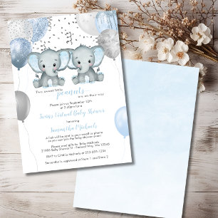 Elephant Twin Boys Balloon Virtual Baby Shower Invitation