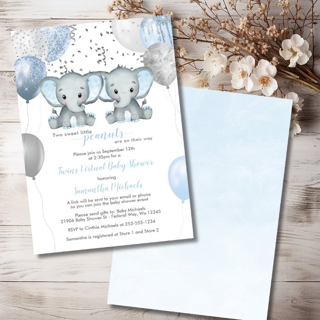 Elephant Twin Boys Balloon Virtual Baby Shower Invitation (Elephant Twin Boys Balloon Virtual Baby Shower Invitation)