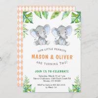 Elephant Twin Boys Birthday Little Peanuts Party Invitation