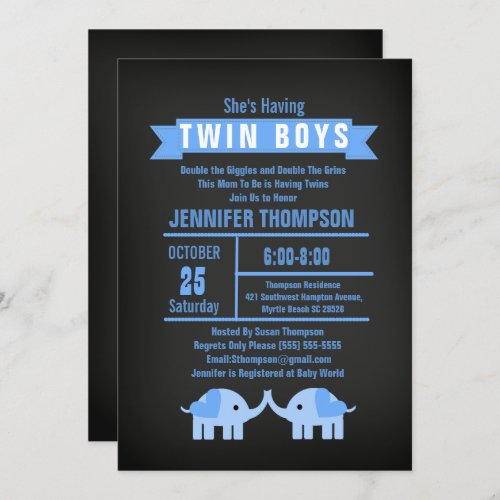 Elephant Twin Boys Chalkboard Baby Shower Invitation