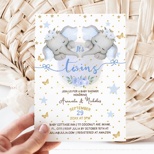 Elephant Twin Boys Cute Boho Blue Baby Boy Shower Invitation