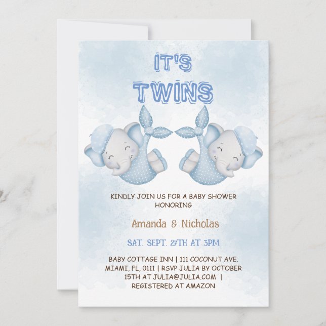 Elephant Twin Boys Dusty Blue Baby Shower Invitation (Front)