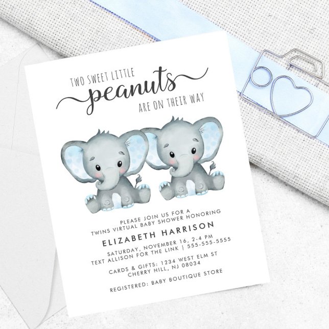 Elephant Twin Boys Virtual Shower Budget Invite (Creator Uploaded)