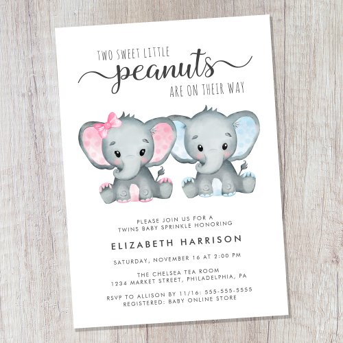 Elephant Twin Girl Boy Baby Sprinkle Invitation