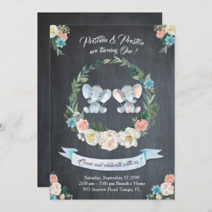 Elephant twin girl-boy Invitation, Floral,Baby 1st Invitation