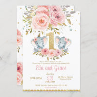 Elephant Twin Girls 1st Birthday Invitation