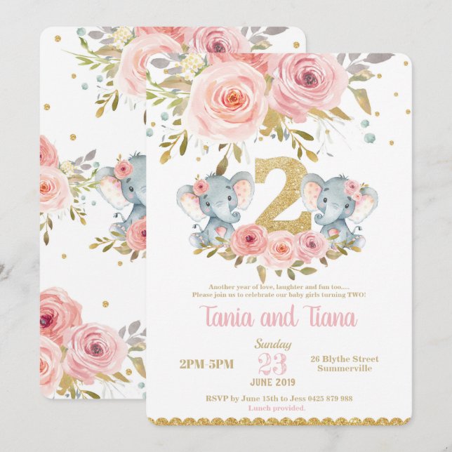 Elephant Twin Girls 2nd Birthday Invitation (Front/Back)