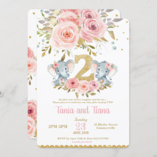 Elephant Twin Girls 2nd Birthday Invitation