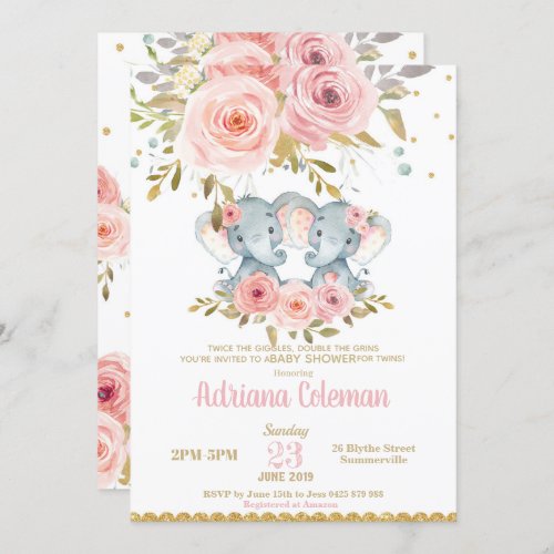 Elephant Twin Girls Baby Shower Invitation Floral