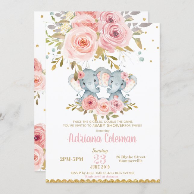 Elephant Twin Girls Baby Shower Invitation Floral (Front/Back)