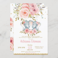 Elephant Twin Girls Baby Shower Invitation Floral