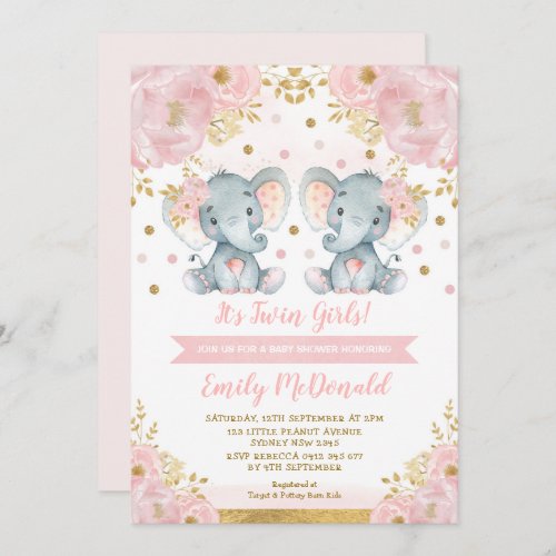 Elephant Twin Girls Baby Shower Pink Gold Floral Invitation