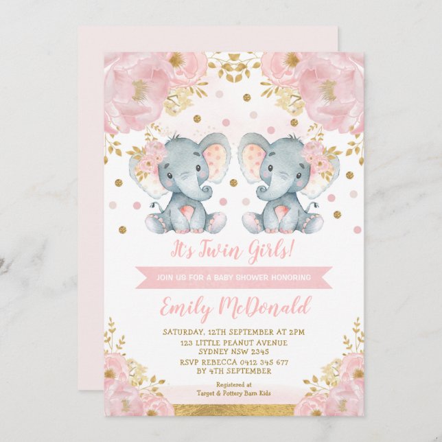 Elephant Twin Girls Baby Shower Pink Gold Floral Invitation (Front/Back)