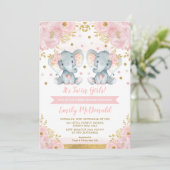 Elephant Twin Girls Baby Shower Pink Gold Floral Invitation (Standing Front)
