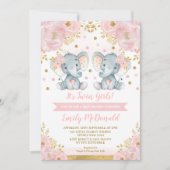 Elephant Twin Girls Baby Shower Pink Gold Floral Invitation (Front)