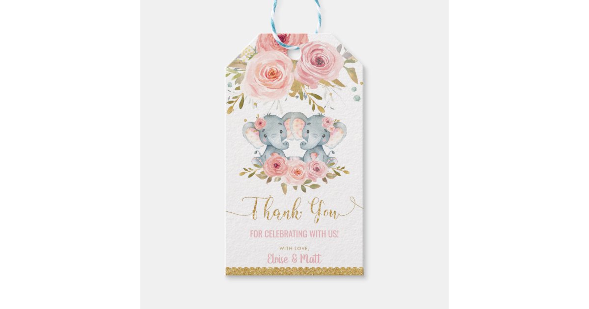 Elephant Twin Girls Baby Shower Thank You Favor Gift Tags | Zazzle