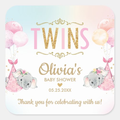 Elephant Twin Girls Baby Shower Thank You Favor Square Sticker