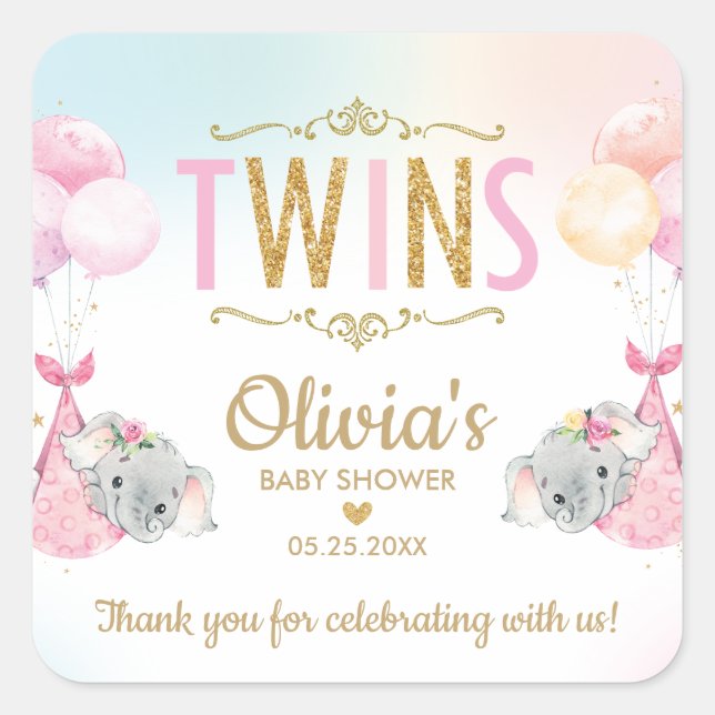 Elephant Twin Girls Baby Shower Thank You Favor Square Sticker (Front)