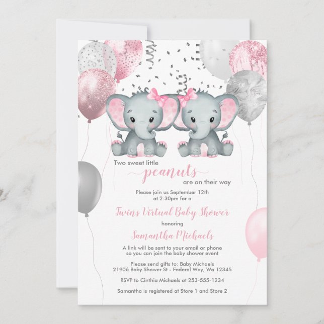 Elephant Twin Girls Balloon Virtual Baby Shower In Invitation (Front)