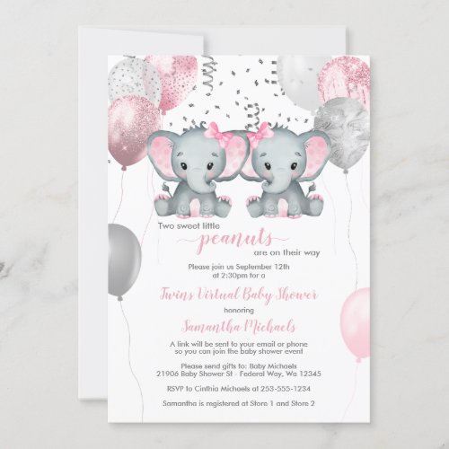 Elephant Twin Girls Balloon Virtual Baby Shower In Invitation