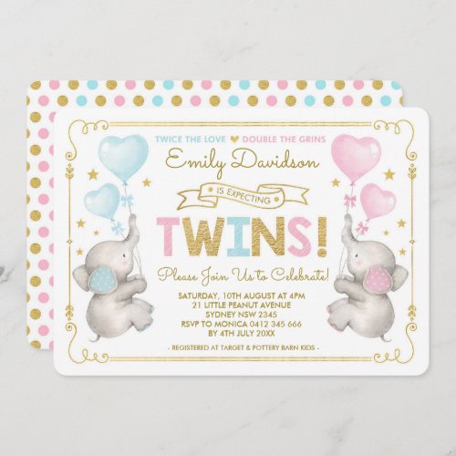 Elephant Twins Baby Shower Blue Pink Gold Boy Girl Invitation