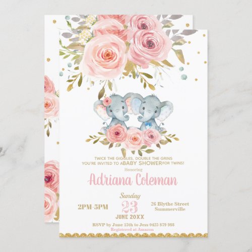 Elephant Twins Boy Girl Baby Shower Pink Floral Invitation