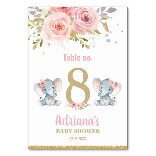 Elephant Twins Girls Baby Shower Pink Floral Table Number