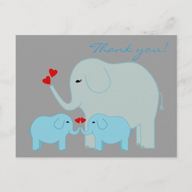 Elephant Twins in Blue Thank You Postcard (Front)